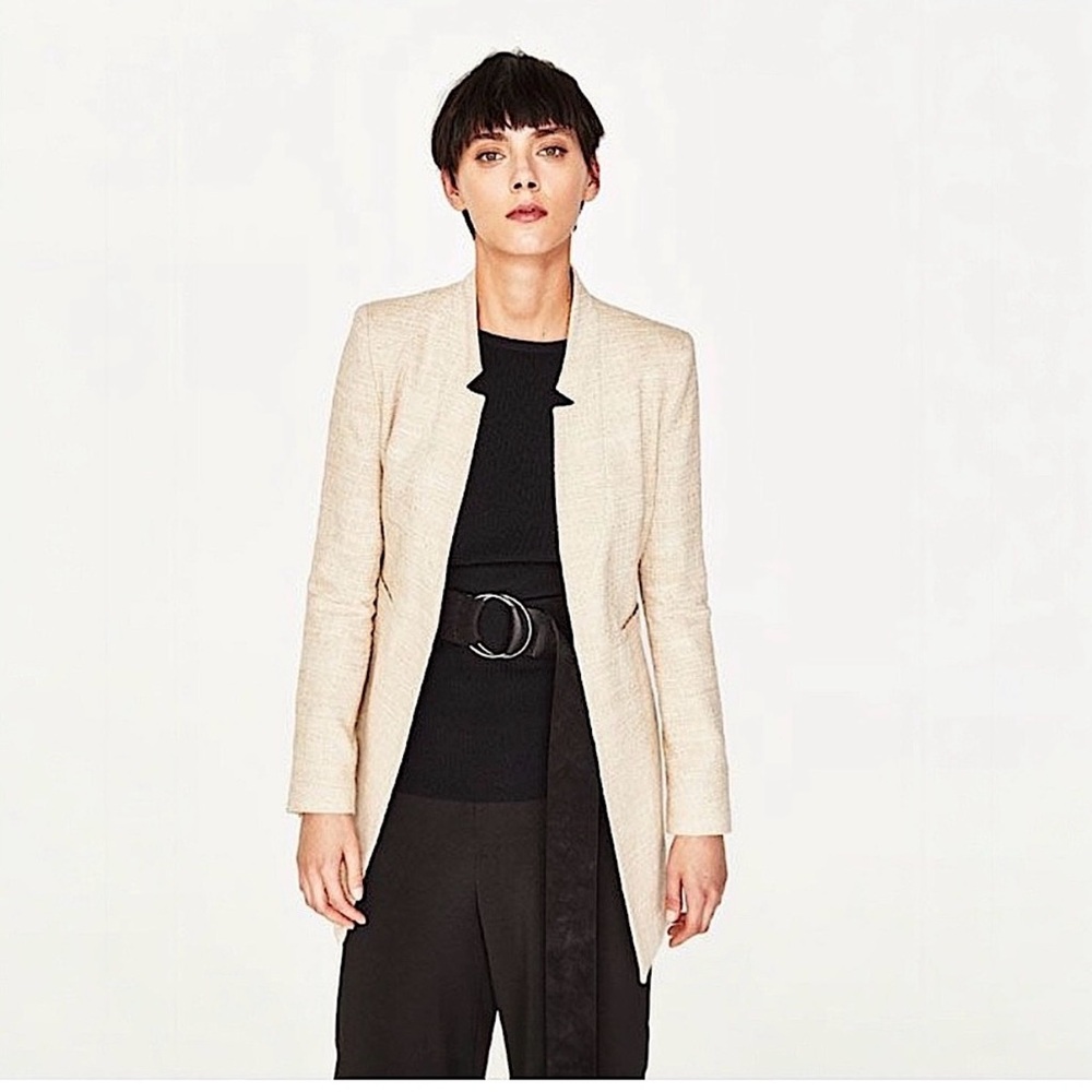 Zara Beige Inverted Lapel Collar Frock Blazer